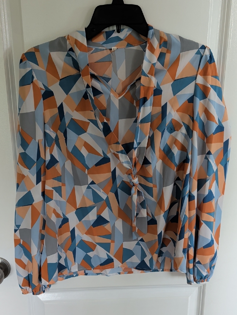 SHEIN Geometric Print Tie-Front Blouse in Blue, Orange, Gray